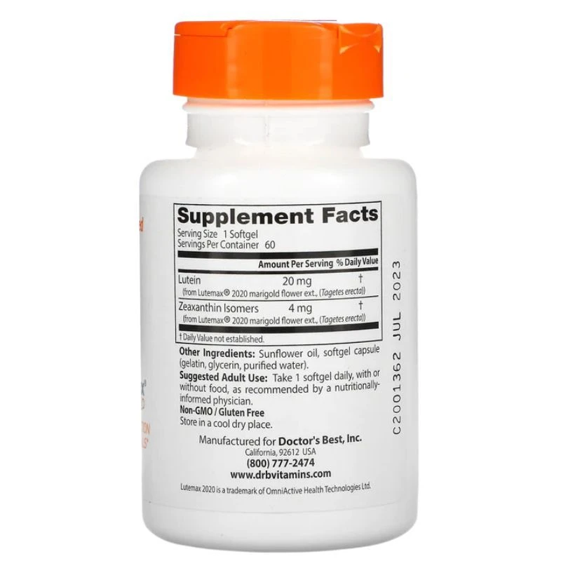 Doctor's Best Lutein With Lutemax 20mg Softgels 60 - Image 2
