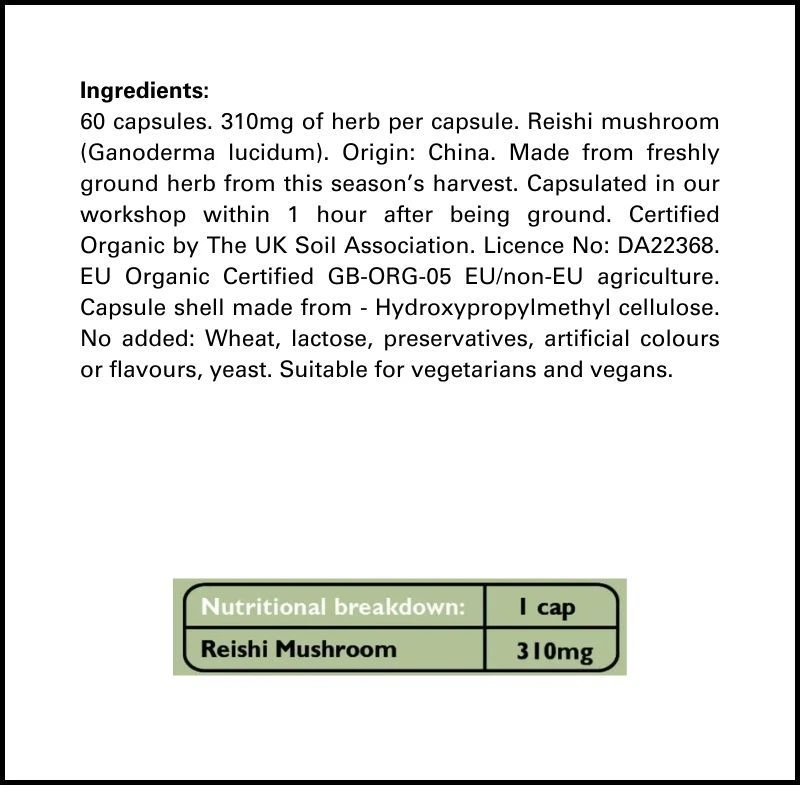 Fushi Wellbeing Organic Reishi Mushroom 310mg Veg Caps 60 - Image 2