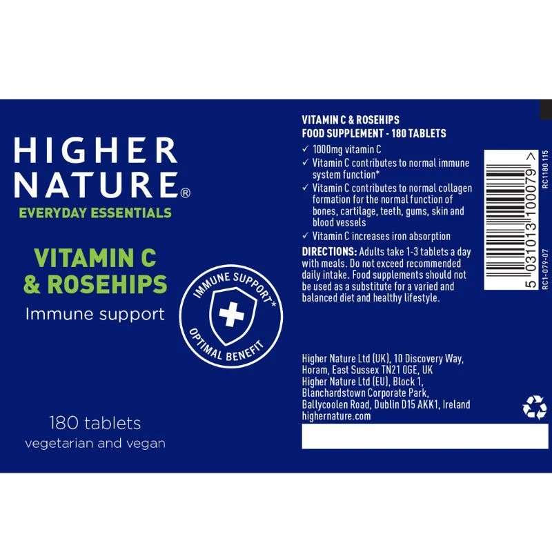 Higher Nature Vitamin C & Rosehips Vegan Tabs 180 - Image 3