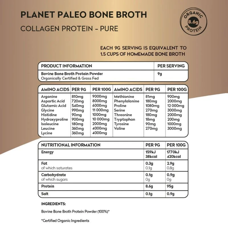 Planet Paleo Organic Bone Broth Collagen Protein Pure 225g - Image 3