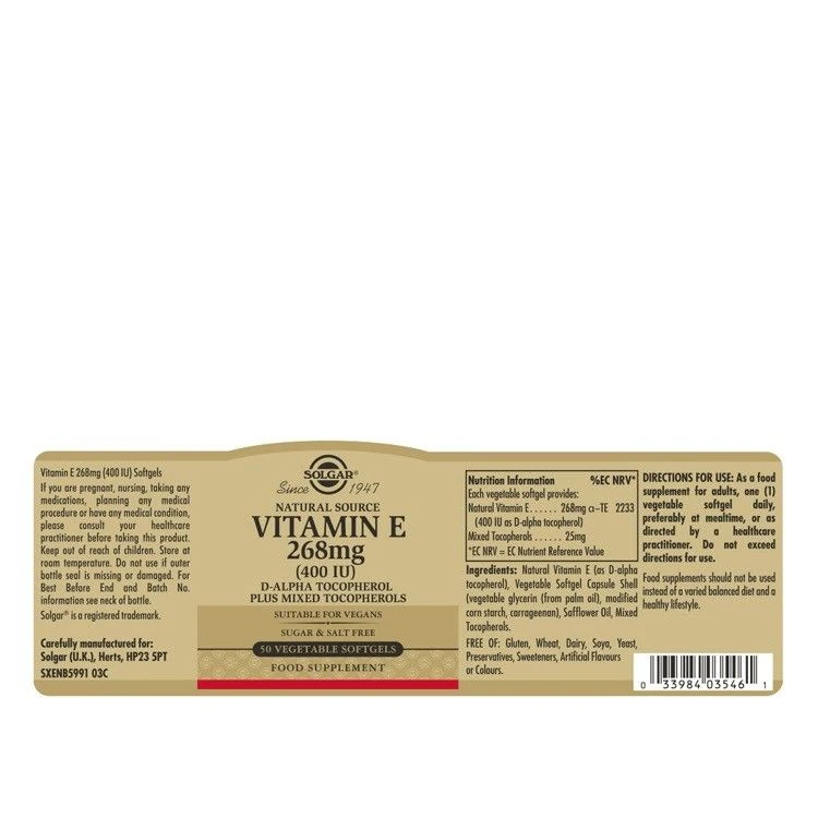 Solgar Vitamin E 268mg (400iu) Vegetarian Softgels 50 - Image 2